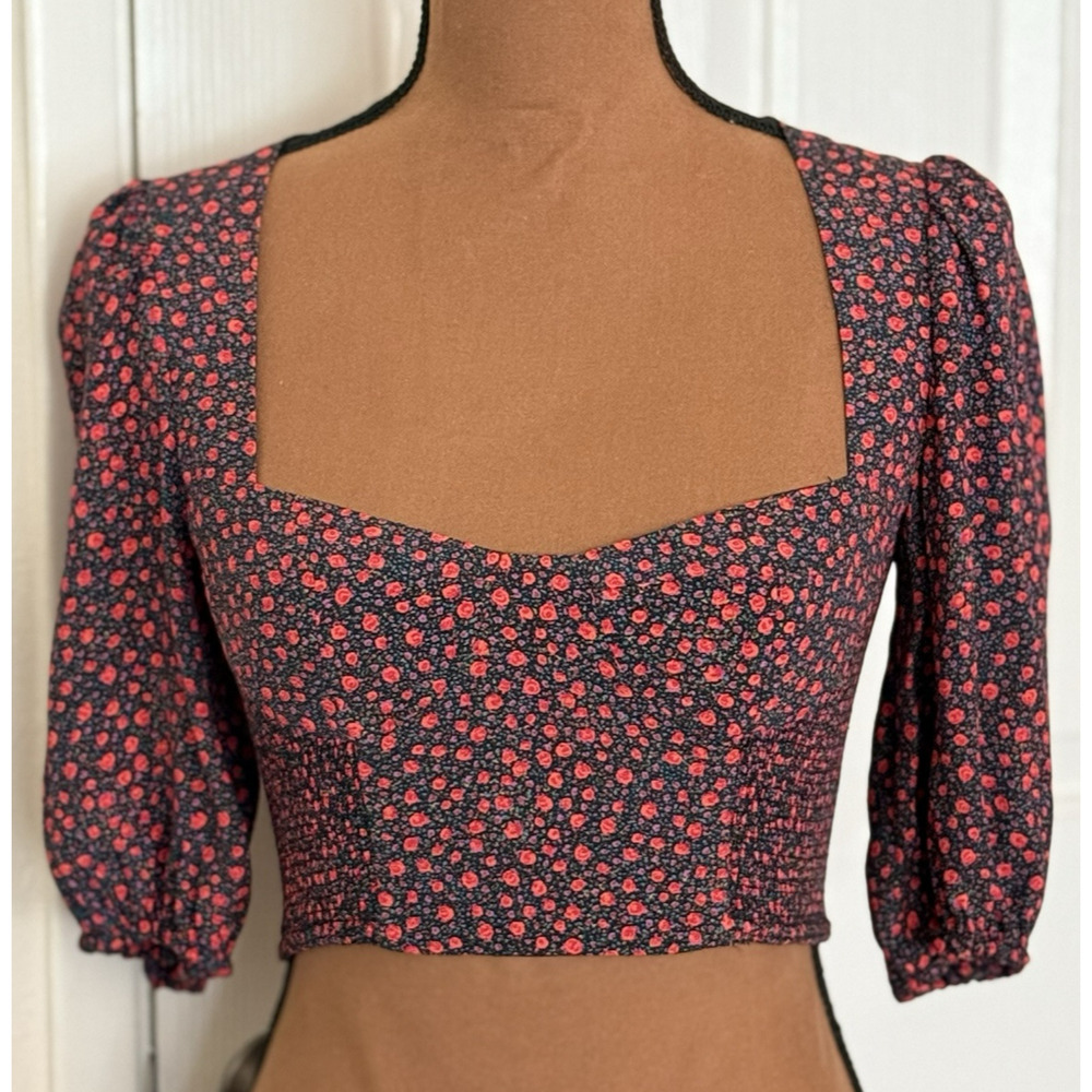 Zara NWT Floral Print Ruched Floral Sweetheart Crop Top‎ Balloon Sleeve Size XS
